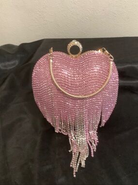 Pink Crystal Heart Fringe Evening Bag